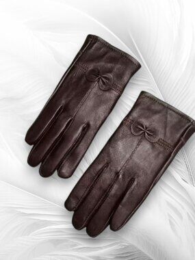 Women’s Dark Brown Genuine Leather Gloves with Bow Detail